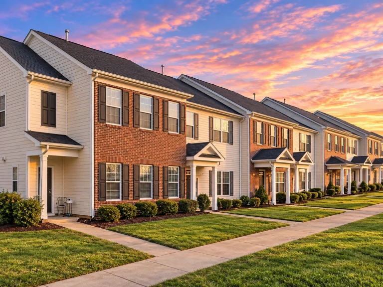 Front elevation of a Traditional Colonial style townhome featuring horizontal siding, classic symmetry, and clean multi-unit architectural detailing