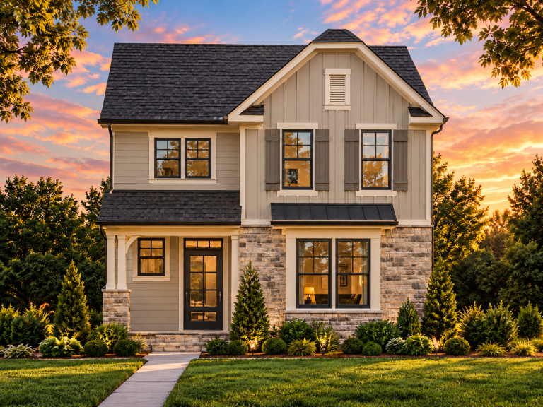 Southwestern House Plans 14 Front elevation of a 2-story Modern Farmhouse with board and batten siding, stone veneer base, gabled rooflines, and symmetrical windows