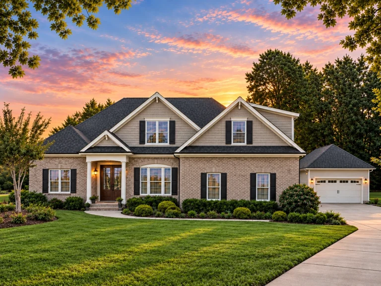 Townhome Floor Plans 4 Front elevation of a New American Traditional style home with horizontal siding, gabled rooflines, shutters, and an attached garage