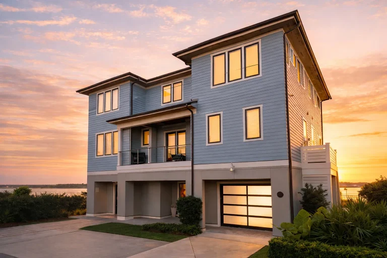 Front elevation of contemporary coastal home with smooth stucco, horizontal lap siding, large windows, and modern 2-car garage at sunset