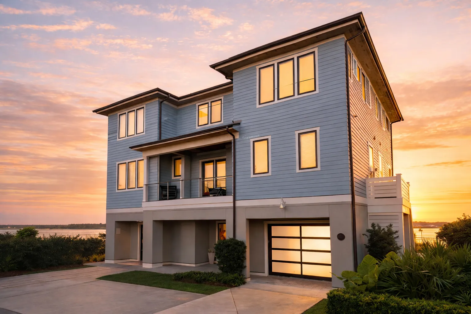 House Plans with Open Floor Plan 11 Front elevation of contemporary coastal home with smooth stucco, horizontal lap siding, large windows, and modern 2-car garage at sunset