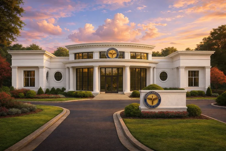 Front elevation of a Neoclassical medical complex featuring symmetrical stone architecture, classical columns, arched windows, and formal landscaped entry