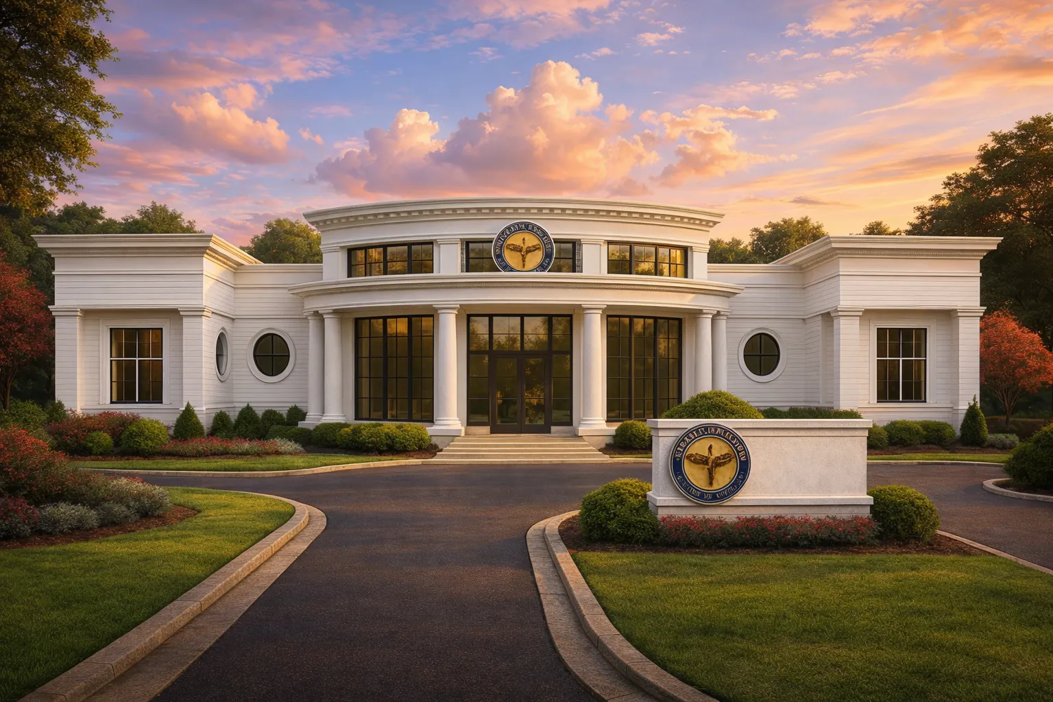 Narrow Lot House Plans 21 Front elevation of a Neoclassical medical complex featuring symmetrical stone architecture, classical columns, arched windows, and formal landscaped entry