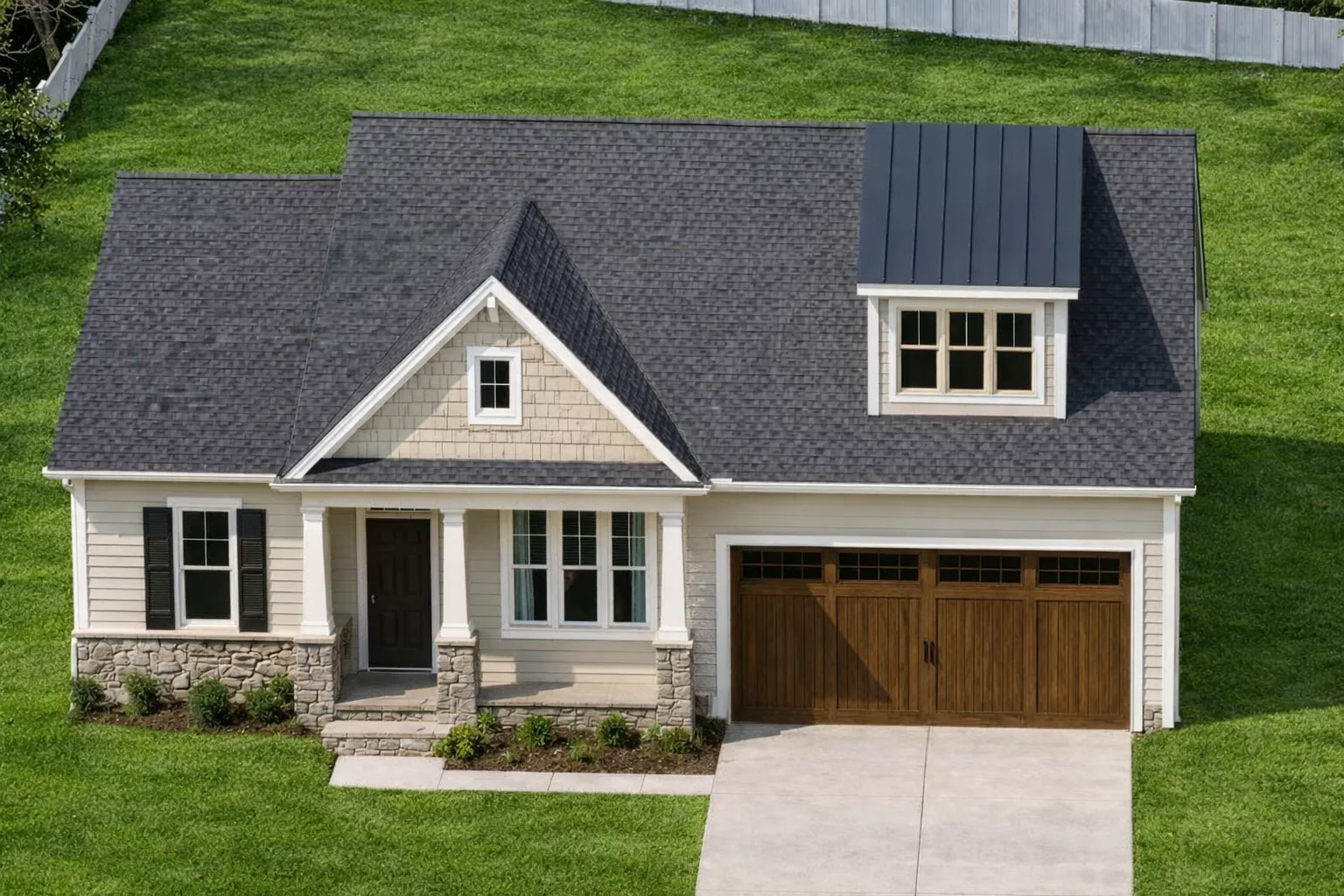 Front elevation of a New American cottage-style home featuring board and batten siding, stone accents, gabled rooflines, and an attached two-car garage