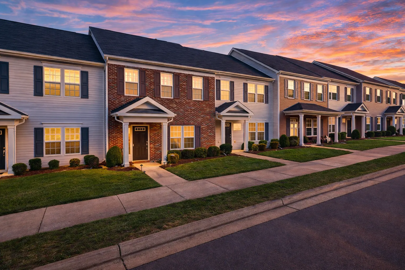 Front elevation of Colonial Revival style townhomes with painted brick, horizontal siding, symmetrical windows, and classical entry details