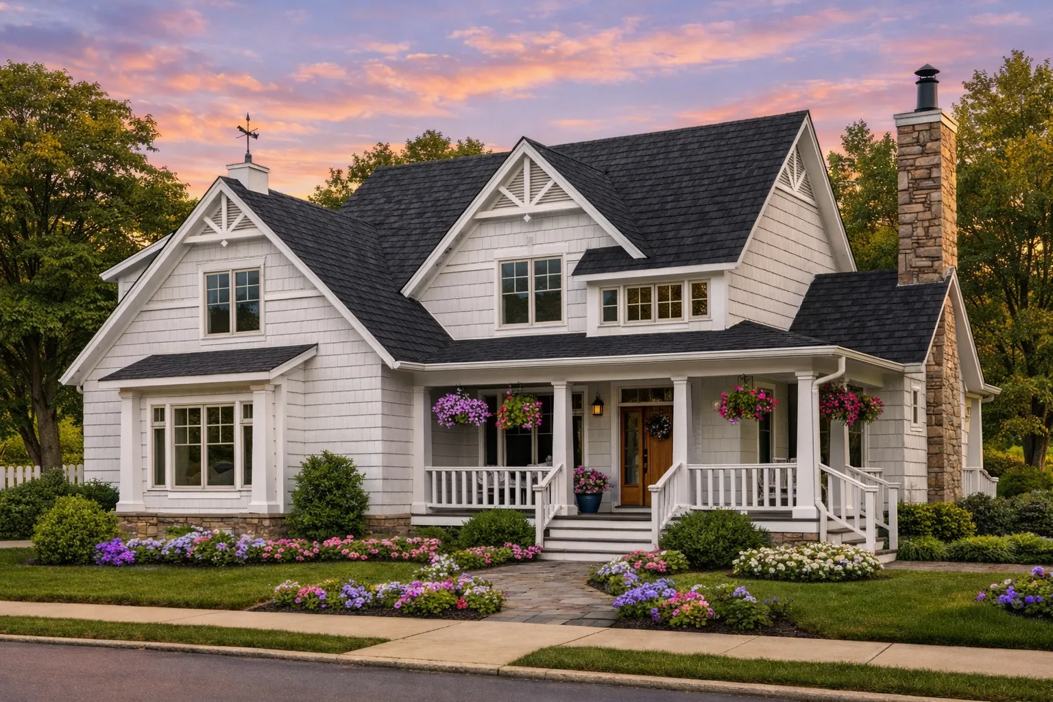 Front elevation of a Craftsman Traditional style home featuring stone and horizontal siding with gabled rooflines and a welcoming porch