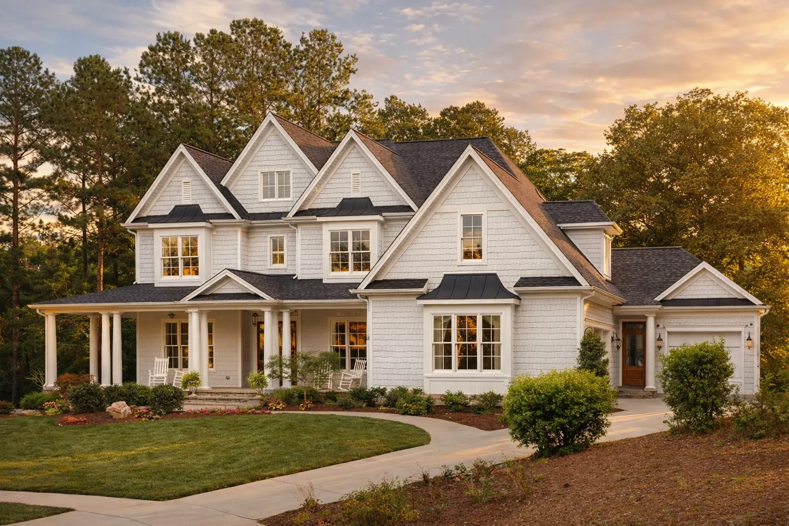 Front exterior view of a New American Modern Traditional home with white clapboard siding, symmetrical windows, gabled rooflines, and a welcoming covered front porch