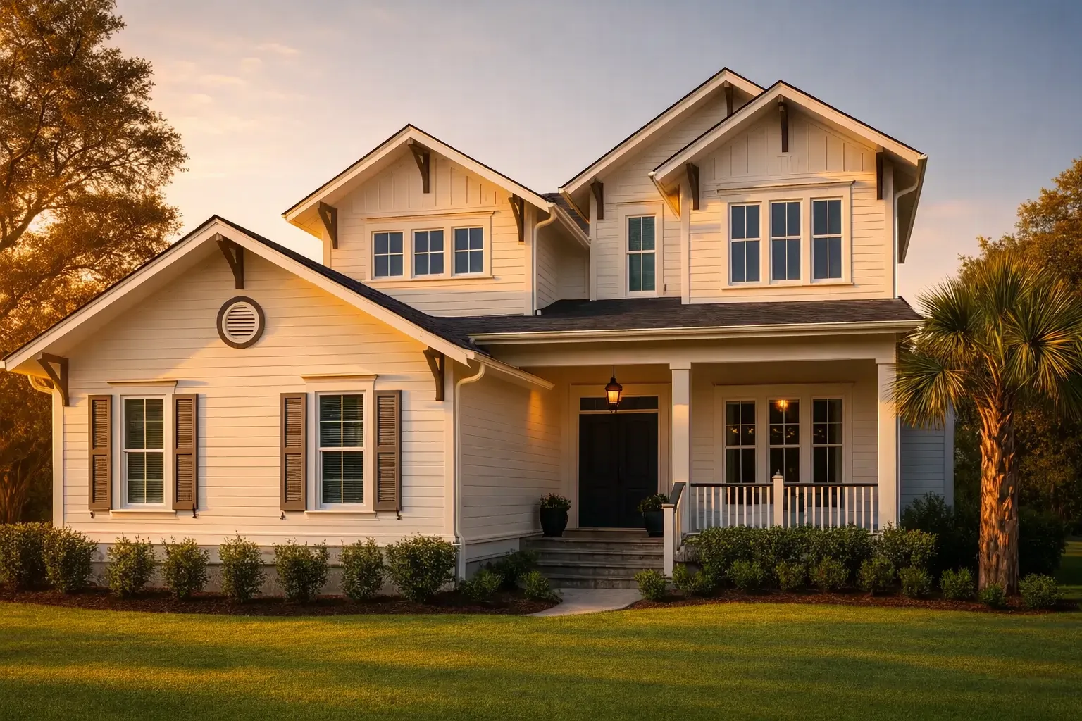Front elevation of a Coastal Farmhouse style home with Low Country architecture, white lap siding, covered front porch, and symmetrical gabled rooflines