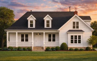 Front view of a Cape Cod home featuring horizontal siding, stone foundation accent, and inviting dormer windows
