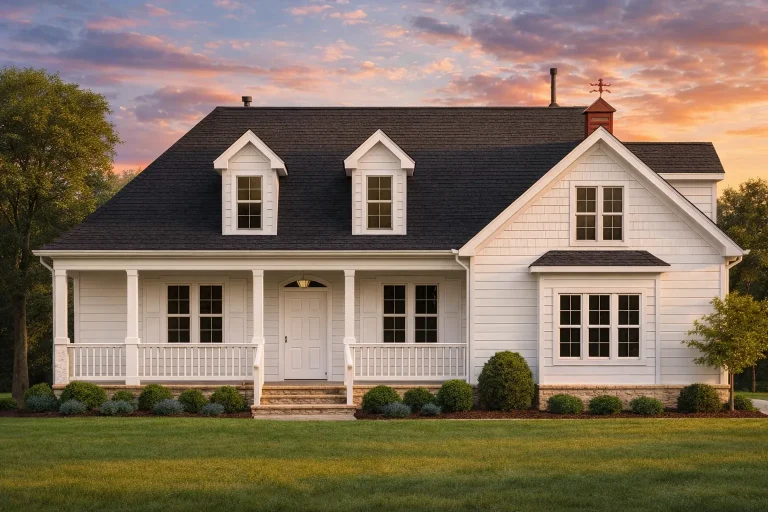 Front view of a Cape Cod home featuring horizontal siding, stone foundation accent, and inviting dormer windows