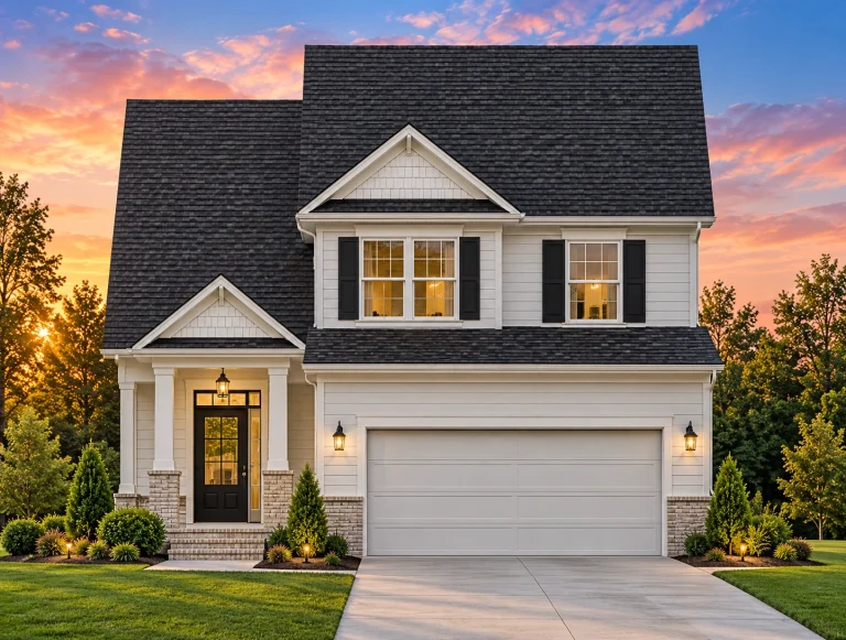 Front elevation of a Traditional Colonial style house with New American design influence, featuring horizontal siding, gabled rooflines, and a two-car garage