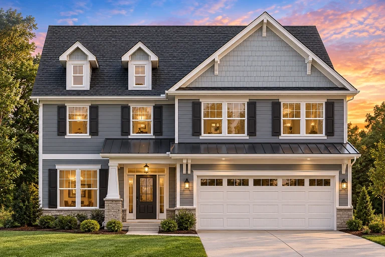 Southwestern House Plans 18 Front elevation of a Modern Farmhouse style home featuring board and batten siding, horizontal lap siding, stone accents, and black trim windows with a 2-car garage