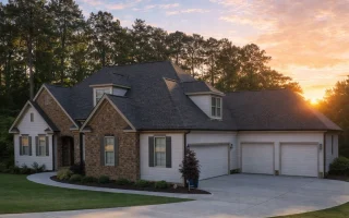 Front exterior view of a Traditional New American style home featuring brick and horizontal siding, symmetrical gables, and landscaped suburban setting