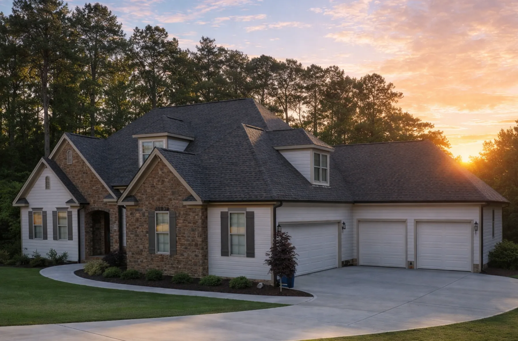 Front exterior view of a Traditional New American style home featuring brick and horizontal siding, symmetrical gables, and landscaped suburban setting