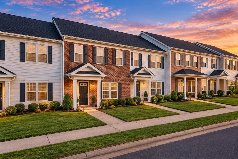 Front elevation of Colonial Revival style townhomes with painted brick, horizontal siding, symmetrical windows, and classical entry details