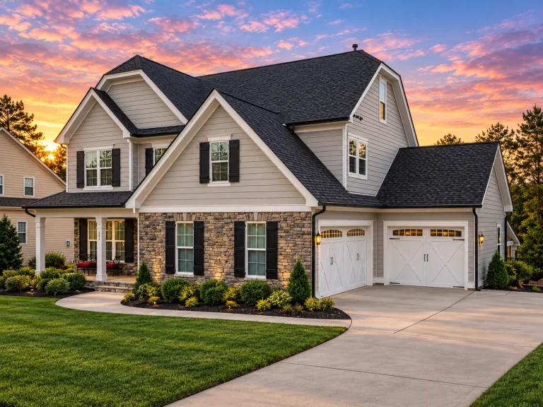 Front elevation of a New American Traditional house with horizontal siding, brick porch columns, symmetrical windows, and a welcoming covered entry