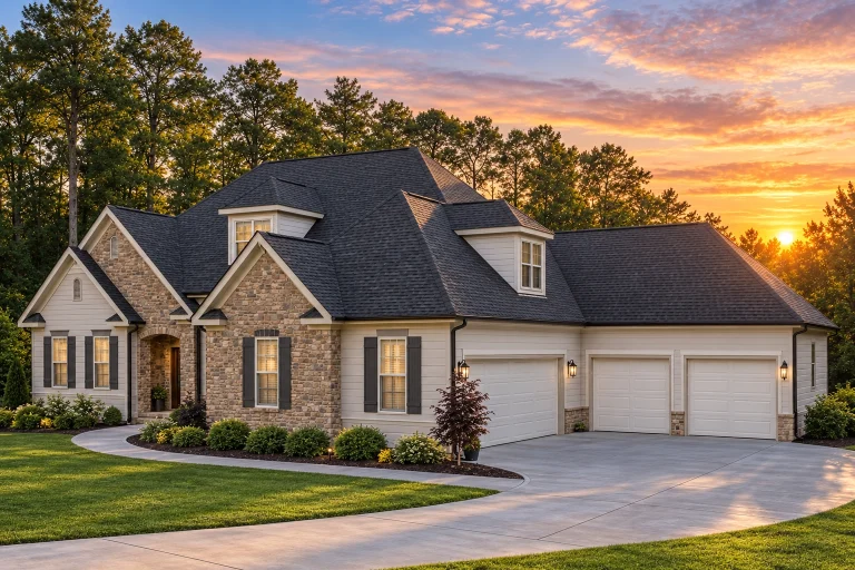 Cottage House Plans 3 Front exterior view of a Traditional New American style home featuring brick and horizontal siding, symmetrical gables, and landscaped suburban setting