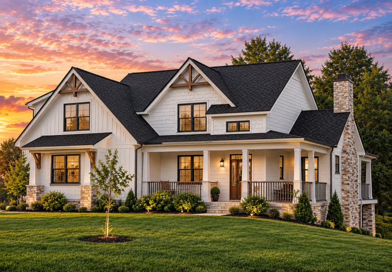 Front elevation of a Craftsman Traditional style home featuring stone and horizontal siding with gabled rooflines and a welcoming porch