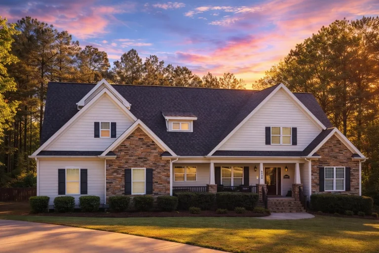 Front elevation of a Traditional New American style home with horizontal siding, stone accents, gabled rooflines, and a welcoming covered front porch
