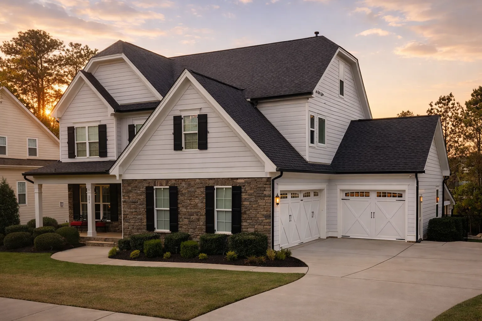 Front elevation of a New American Traditional house with horizontal siding, brick porch columns, symmetrical windows, and a welcoming covered entry