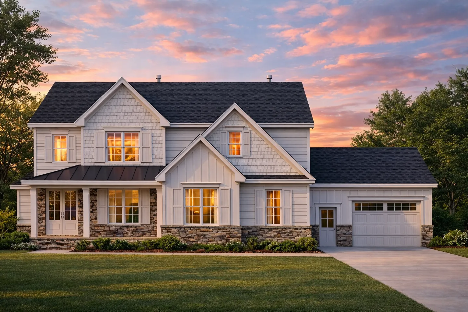 Front elevation of a modern farmhouse style house featuring white board and batten siding, stone accents, black windows, and a covered porch