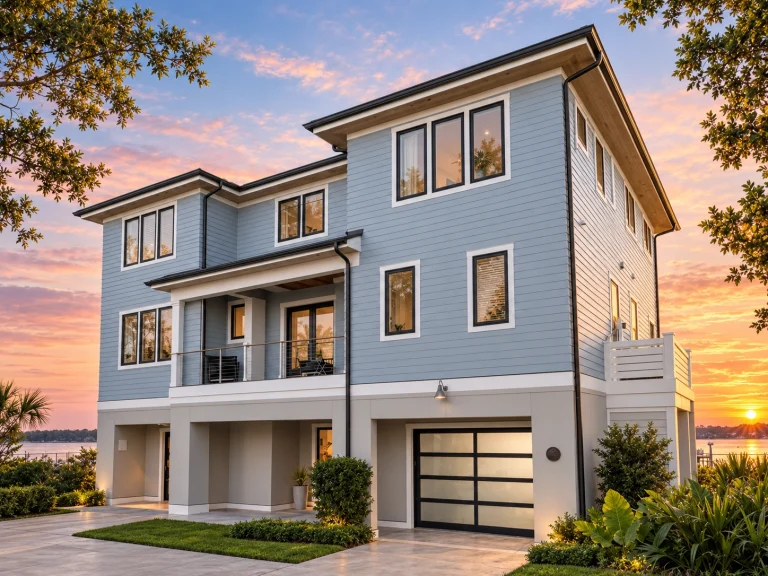 Front elevation of contemporary coastal home with smooth stucco, horizontal lap siding, large windows, and modern 2-car garage at sunset