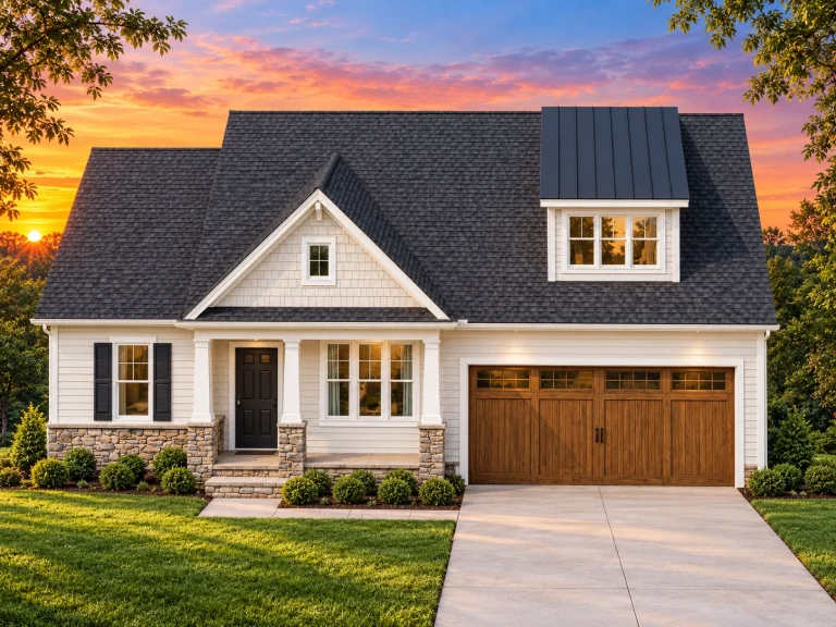 Front elevation of a New American cottage-style home featuring board and batten siding, stone accents, gabled rooflines, and an attached two-car garage