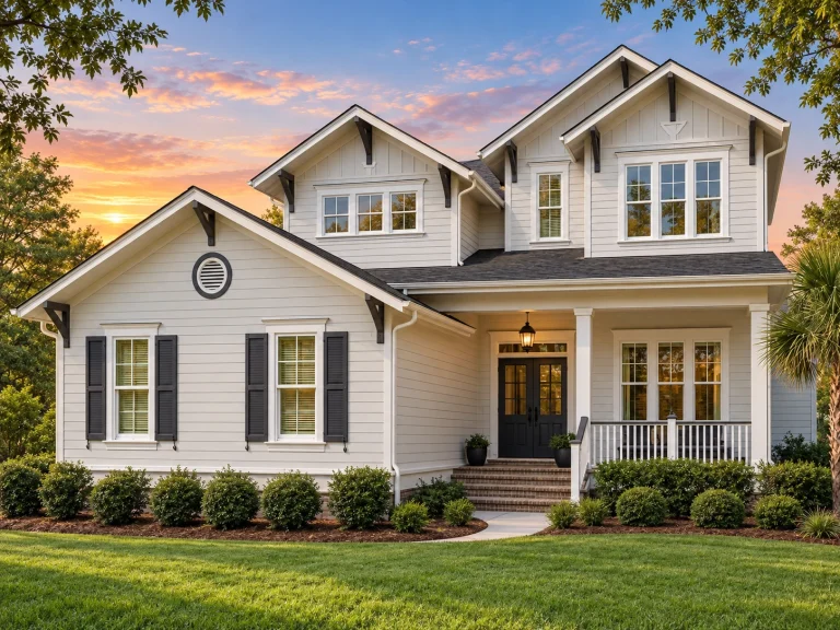 Front view of Coastal Farmhouse style home with horizontal lap siding, double gables, shutters, and covered front porch