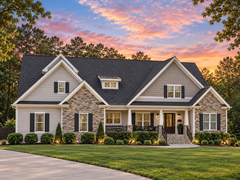 Front elevation of a Traditional New American style home with horizontal siding, stone accents, gabled rooflines, and a welcoming covered front porch