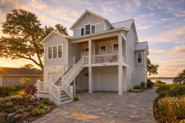 Front elevation of an elevated Coastal Low Country style home featuring lap siding, board and batten accents, covered porches, exterior stairs, and a standing seam metal roof