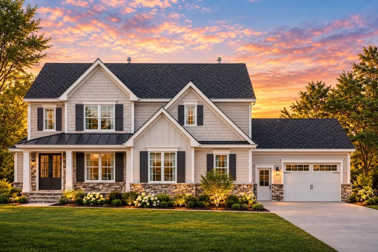 Front elevation of a modern farmhouse style house featuring white board and batten siding, stone accents, black windows, and a covered porch