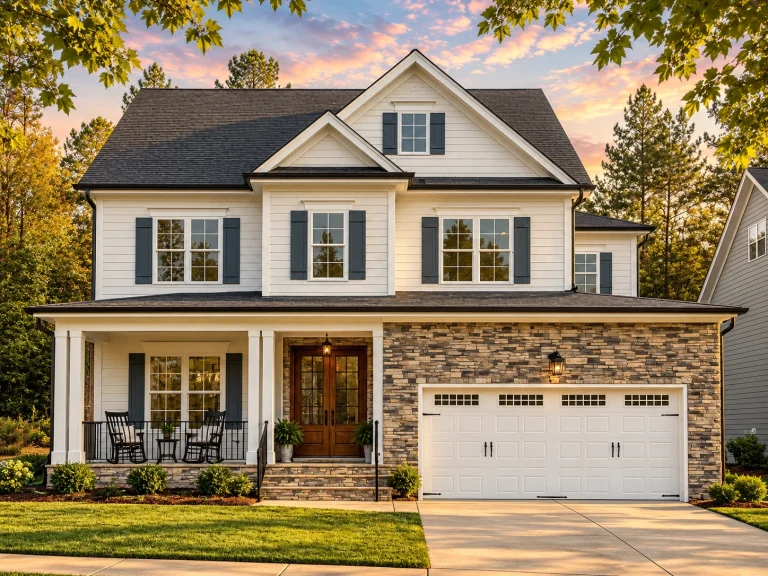 Front elevation of a New American traditional home featuring horizontal siding, stone accents, double garage, and a covered front porch