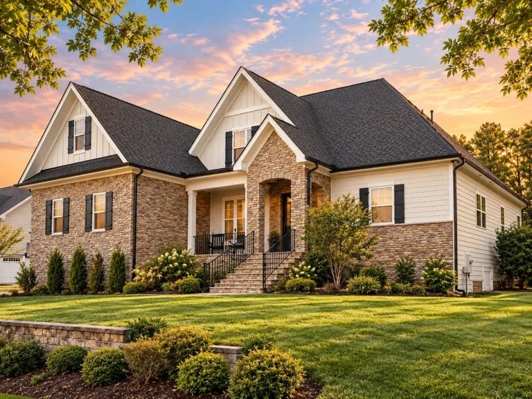 Front elevation of a New American style home featuring stone exterior, horizontal siding, black windows, and steep gabled roof