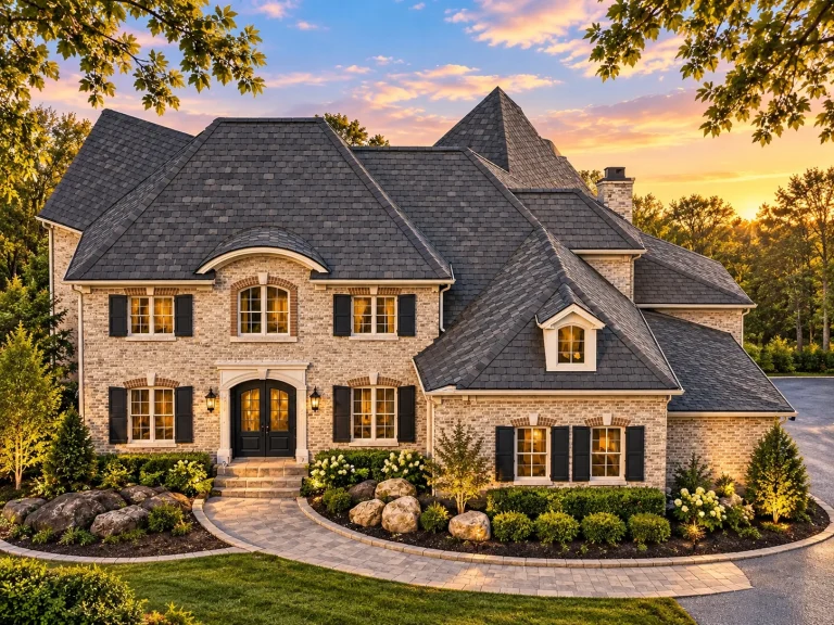 Front elevation of a Traditional Colonial style home with painted brick exterior, symmetrical windows, and classic shutter detailing