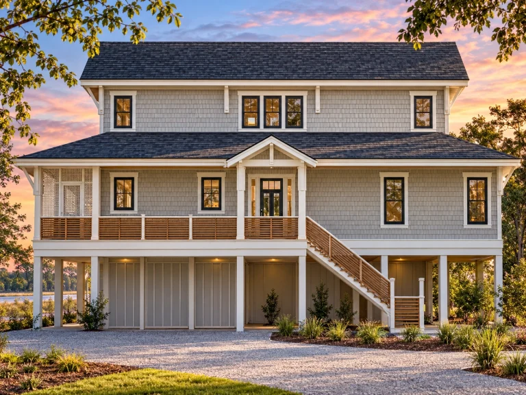 Top Designer-Approved House Plans 17 Front elevation of a Low Country coastal traditional home with horizontal siding, raised brick foundation, and covered front porch