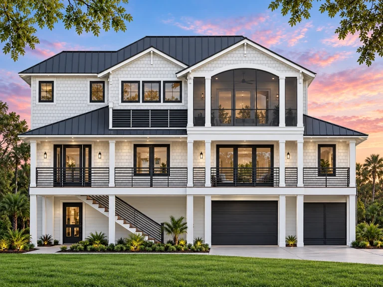 House Plans with Fireplace 5 Front elevation of a Coastal Traditional house with horizontal siding, stone accents, symmetrical façade, covered balconies, and attached garage