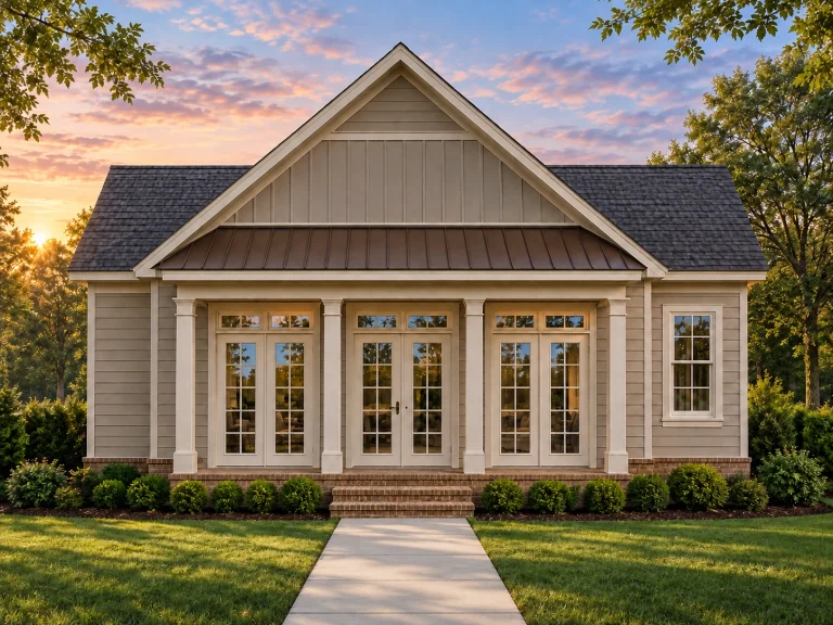 House Plans with Fireplace 11 Front elevation of a Modern Farmhouse Cottage featuring crisp white board and batten siding, brick foundation, and gable roof design surrounded by lush greenery