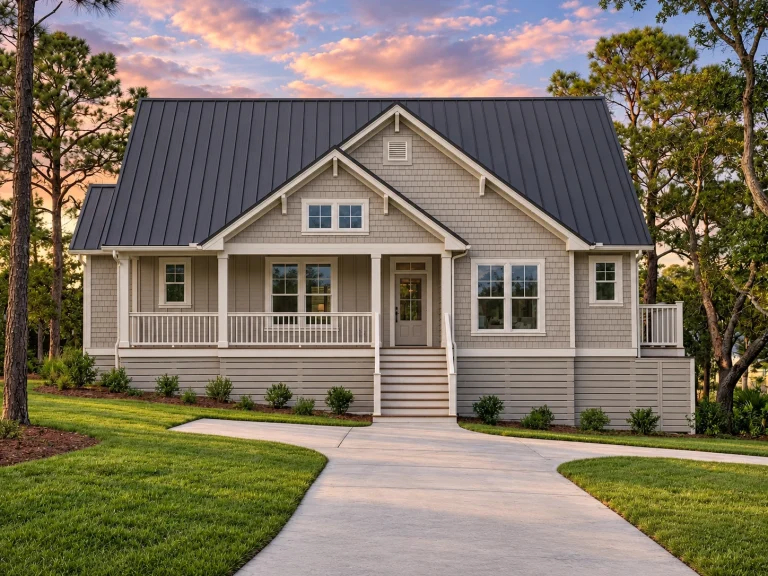 House Plans with Fireplace 19 Front elevation of a Cape Cod Coastal Cottage home with horizontal siding, shingle gable accents, brick foundation, and covered front porch