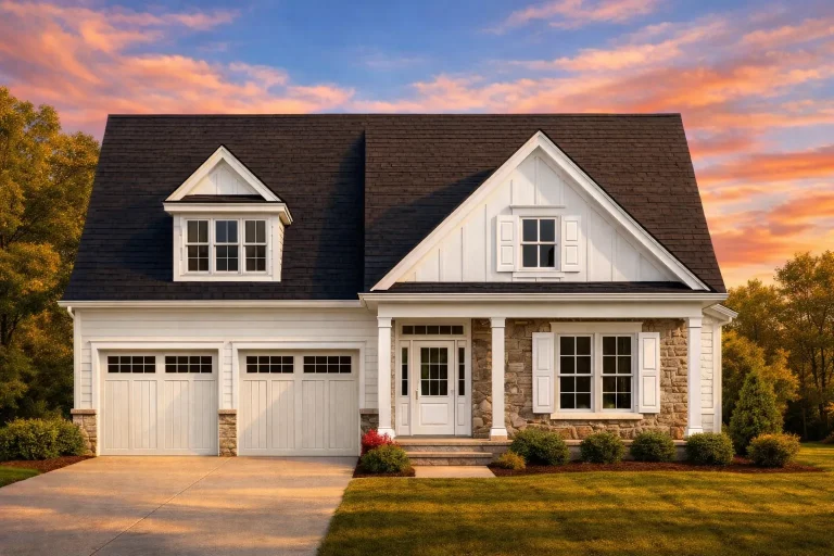 Front elevation of a Cape Cod style house featuring board and batten siding, stone accents, symmetrical gables, and an attached garage