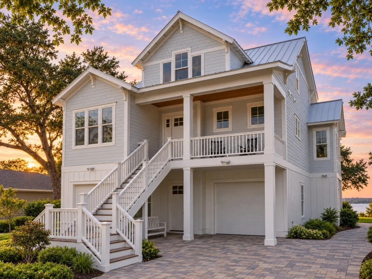 Front elevation of an elevated Coastal Low Country style home featuring lap siding, board and batten accents, covered porches, exterior stairs, and a standing seam metal roof