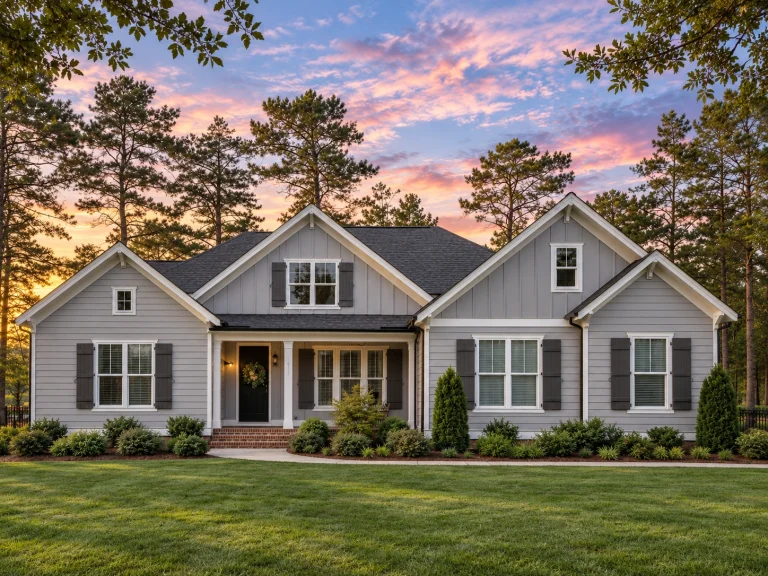 Front elevation of a New American Modern Farmhouse style home featuring board and batten siding, gabled rooflines, and expansive front lawn