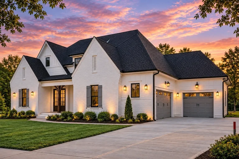 Front elevation of a modern farmhouse style home featuring white painted brick, board and batten siding, steep gabled rooflines, and symmetrical architecture