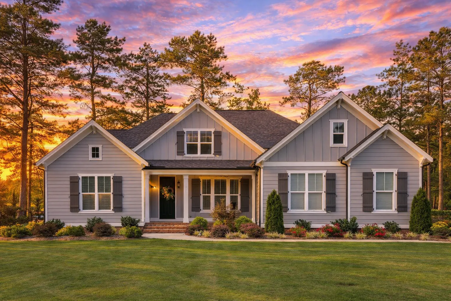 Front elevation of a New American Modern Farmhouse style home featuring board and batten siding, gabled rooflines, and expansive front lawn
