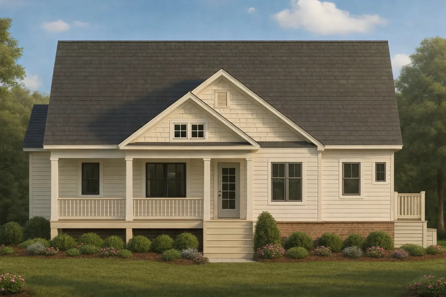 Front elevation of a Cape Cod Coastal Cottage home with horizontal siding, shingle gable accents, brick foundation, and covered front porch
