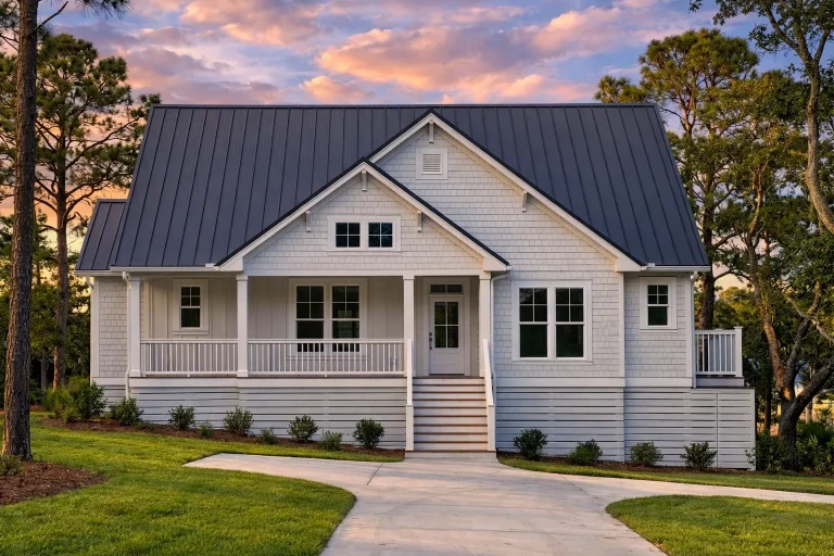 Front elevation of a Cape Cod Coastal Cottage home with horizontal siding, shingle gable accents, brick foundation, and covered front porch