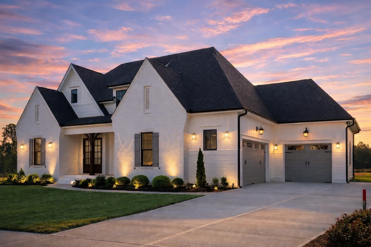 Front elevation of a modern farmhouse style home featuring white painted brick, board and batten siding, steep gabled rooflines, and symmetrical architecture