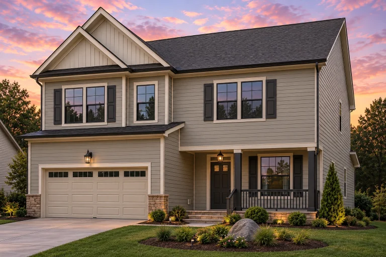 Front view of a Traditional New American style home featuring horizontal siding, board and batten accents, and a stone base with a two-car garage and covered porch entry.