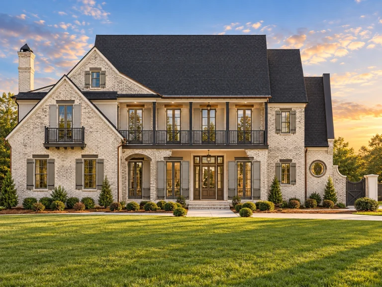 Front elevation of a Coastal Traditional Colonial style home featuring painted siding, double stacked porches, and symmetrical Charleston-inspired architecture