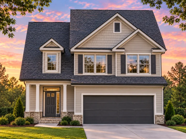 House Plans with Terrace 9 Front elevation of a Traditional Colonial style house with New American design influence, featuring horizontal siding, gabled rooflines, and a two-car garage