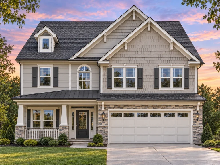 Front elevation of a Modern Farmhouse style home featuring board and batten siding, horizontal lap siding, stone accents, and black trim windows with a 2-car garage